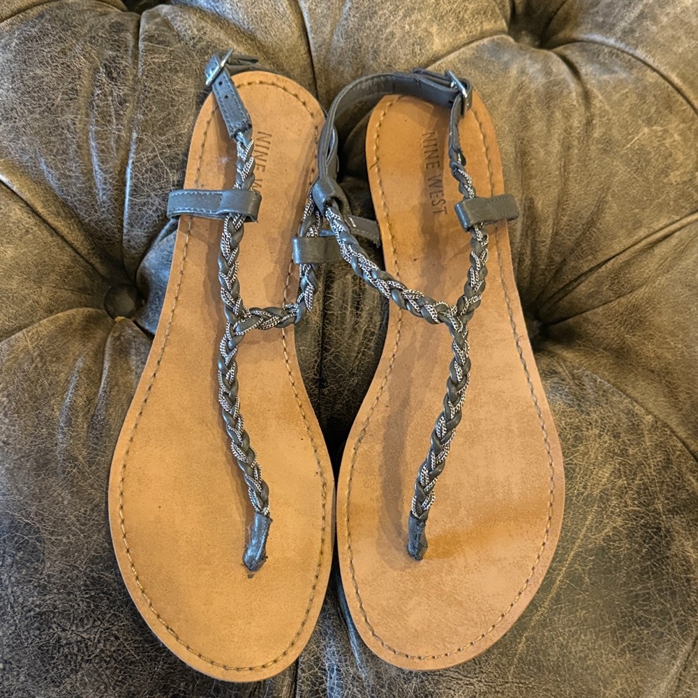 Nine West Black Braided T-Strap Sandals with Tan Footbed